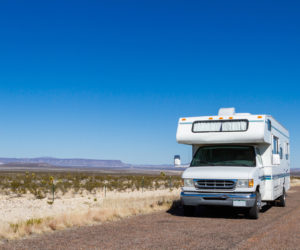 Class C motorohome in the desert.